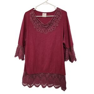 Bedford Fair Red Short Sleeve Pullover Casual Lace Tunic Boho Tee Top Size 1X